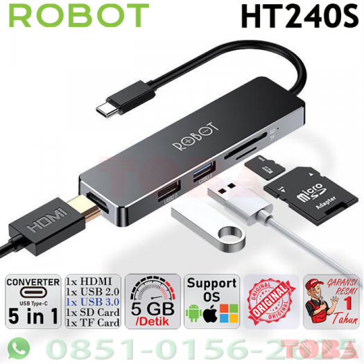 HUB USB TYPE C 5iN1 ROBOT HT240S HDMI - USB 3.0 USB2.0 CARD READER - RBT-UCH-HT240S