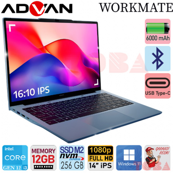 LAPTOP ADVAN WORKMATE iNTEL CORE i3-1215U - MEMORY 12GB - SSD 256 GB - 14 INCH FHD+ iPS - SILVER - AWM-L25-Ci3AD1