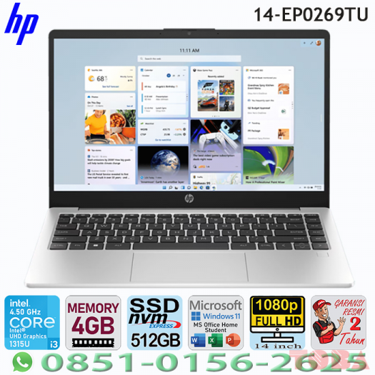 LAPTOP HP 14-EP0269TU INTEL CORE i3-1315U - MEMORY 4GB - SSD 512GB - 14 INCH - WIN11 + OHS - SILVER - HP1-4EP-0269i3