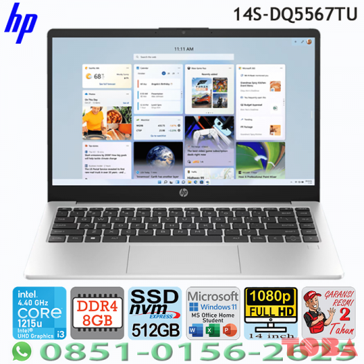 NOTEBOOK HP 14S-DQ5567TU iNTEL CORE i3-1215U - 8GB - SSD 512GB - WIN11 + OHS - 14 INCH FHD - SILVER - 14S-8DQ5567TU