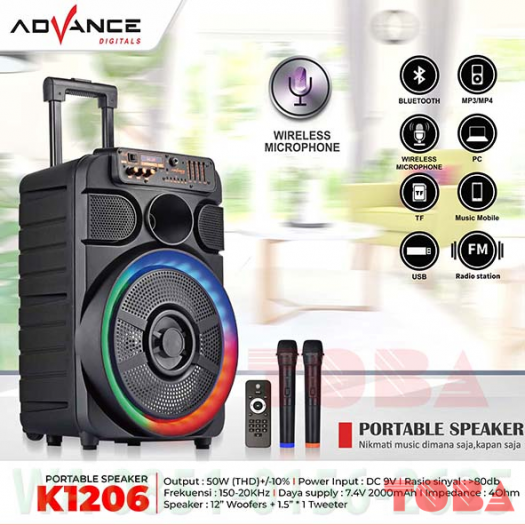 SPEAKER PORTABLE ADVANCE K1206 BLUETOOTH + MICROPHONE 30WRMS - SPK-ADV-K1206P