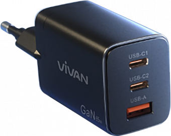 TRAVEL CHARGER VIVAN POWER C65 BLACK 65 WATT 3 PORT - TCH-VVV-C65WBK