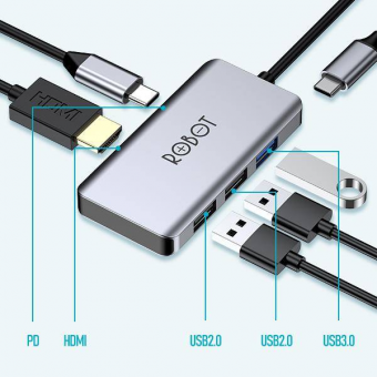 USB HUB TYPE C ROBOT HT255 5 IN 1  - GREY - RBT-UCH-HT2555