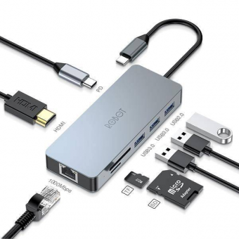 USB HUB TYPE C ROBOT HT380  8 IN 1  - GREY - RBT-UCH-HT3808